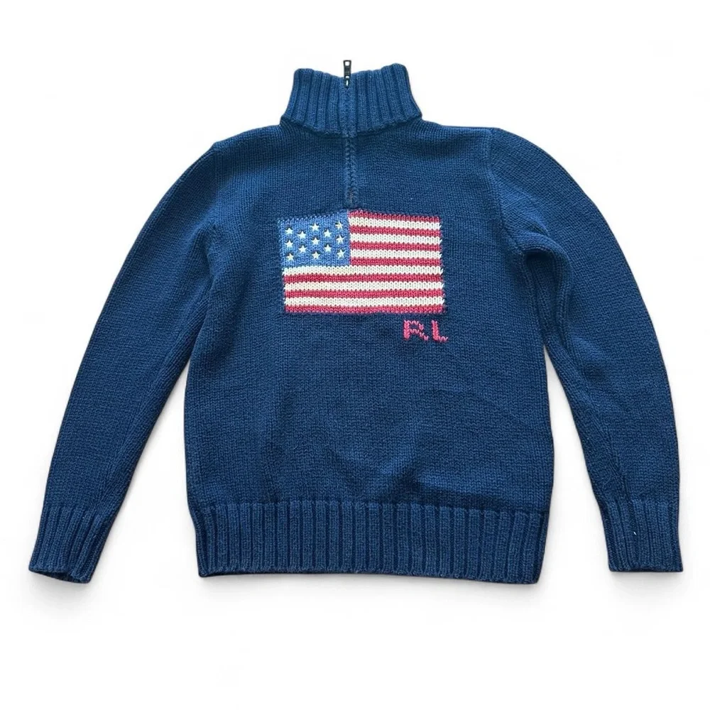Polo Ralph‎ Lauren Kids’ Navy Blue American Flag 1/4 Sweater Size Medium